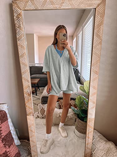 Lianlive 2 Piece Outfits Women's Oversized T-Shirts Biker Short Sets Hot Shot Reversible Set (LightGrey-L)