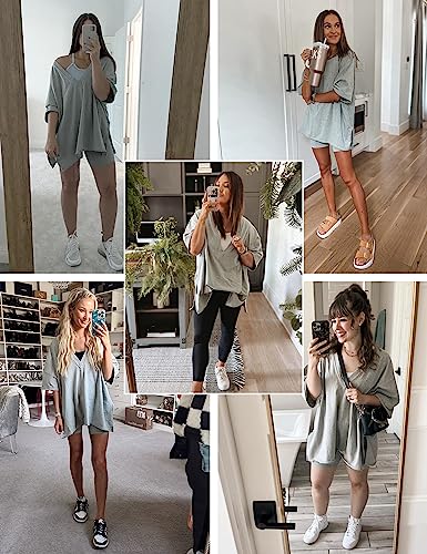 Lianlive 2 Piece Outfits Women's Oversized T-Shirts Biker Short Sets Hot Shot Reversible Set (LightGrey-L)