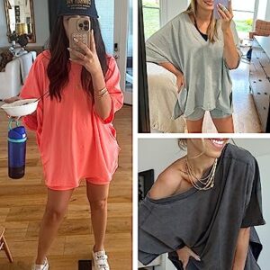 Lianlive 2 Piece Outfits Women's Oversized T-Shirts Biker Short Sets Hot Shot Reversible Set (LightGrey-L)