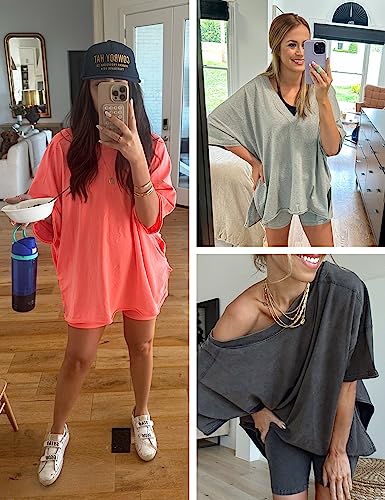 Lianlive 2 Piece Outfits Women's Oversized T-Shirts Biker Short Sets Hot Shot Reversible Set (LightGrey-L)