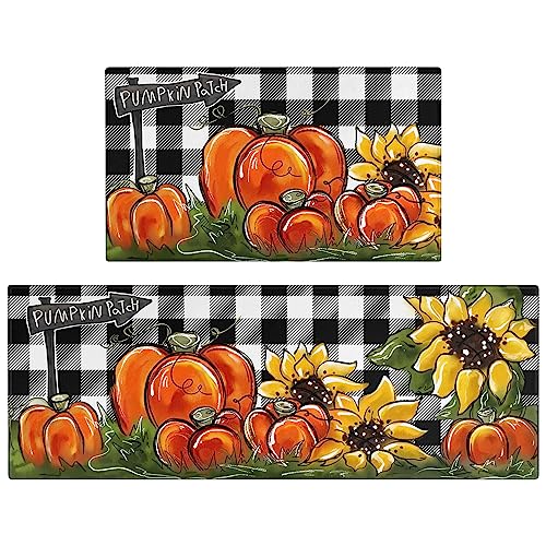 Faptoena Fall Kitchen Rugs Set of 2,Pumpkin Patch Sunflower Thanksgiving Floor Mats and Rugs Non Skid Washable for Kitchen Home Decor,Fall Farmhouse Decorations and Accessories (17"x47"+17"x30")