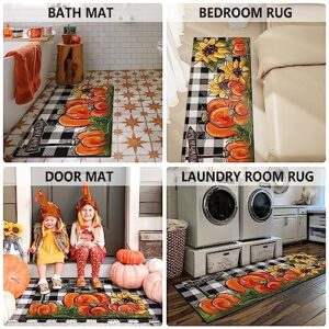 Faptoena Fall Kitchen Rugs Set of 2,Pumpkin Patch Sunflower Thanksgiving Floor Mats and Rugs Non Skid Washable for Kitchen Home Decor,Fall Farmhouse Decorations and Accessories (17"x47"+17"x30")