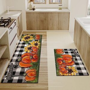 Faptoena Fall Kitchen Rugs Set of 2,Pumpkin Patch Sunflower Thanksgiving Floor Mats and Rugs Non Skid Washable for Kitchen Home Decor,Fall Farmhouse Decorations and Accessories (17"x47"+17"x30")