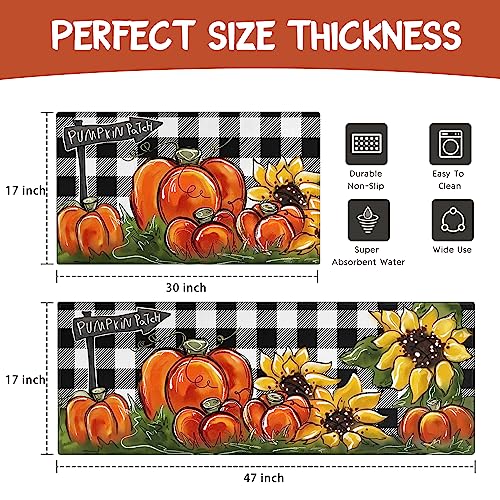 Faptoena Fall Kitchen Rugs Set of 2,Pumpkin Patch Sunflower Thanksgiving Floor Mats and Rugs Non Skid Washable for Kitchen Home Decor,Fall Farmhouse Decorations and Accessories (17"x47"+17"x30")