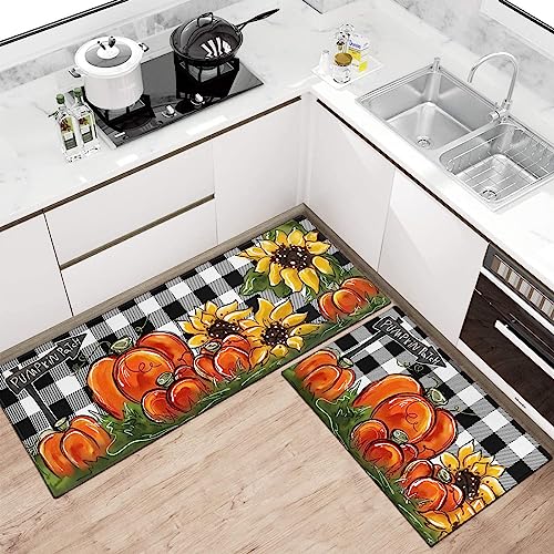 Faptoena Fall Kitchen Rugs Set of 2,Pumpkin Patch Sunflower Thanksgiving Floor Mats and Rugs Non Skid Washable for Kitchen Home Decor,Fall Farmhouse Decorations and Accessories (17"x47"+17"x30")