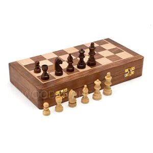 woodenchessart handmade magnetic wooden folding chess board with storage for chessmen (7 x 7 inches)