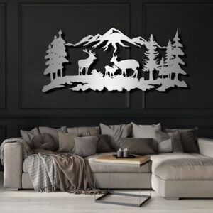 fayholy metal wall art - metal deer family art, metal wall decor, wildlife lover gift, tree mountain decoration, wall hangings, nature wall art (silver, 24"x10" | 60x26 cm)