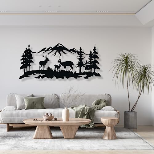 fayholy Metal Wall Art - Metal Deer Family art, Metal Wall Decor, Wildlife Lover Gift, Tree Mountain Decoration, Wall Hangings, Nature Wall Art (Silver, 24"x10" | 60x26 cm)