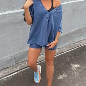 Ailoqing 2 Piece Outfits for Women Summer Oversized V Neck T Shirt Biker Short Sets Hot Shot Reversible Set(Blue-M)