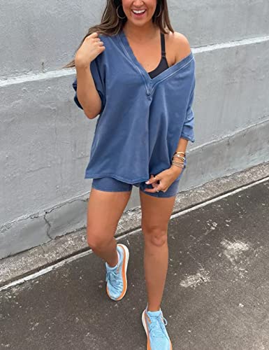 Ailoqing 2 Piece Outfits for Women Summer Oversized V Neck T Shirt Biker Short Sets Hot Shot Reversible Set(Blue-M)