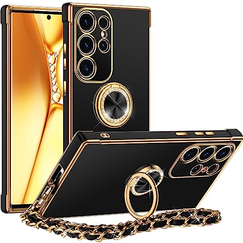 Miss Arts for Samsung Galaxy S22 Ultra Case, Ring Holder Stand Luxury Bling Electroplated Phone Case with Strap, Cute Soft TPU Samsung S22 Ultra Cover for Women Girls, Black