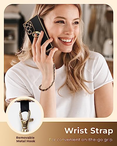 Miss Arts for Samsung Galaxy S22 Ultra Case, Ring Holder Stand Luxury Bling Electroplated Phone Case with Strap, Cute Soft TPU Samsung S22 Ultra Cover for Women Girls, Black
