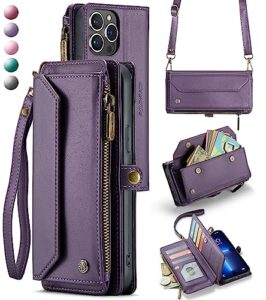 caseme crossbody iphone 13 pro max phone case wallet rfid protection with 10-card holder zipper bills slot, soft pu leather magnetic flip shoulder strap iphone 13 pro max wallet case for women, purple