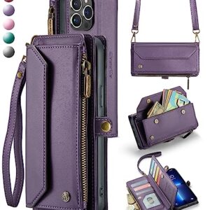 CaseMe Crossbody iPhone 13 Pro Max Phone Case Wallet RFID Protection with 10-Card Holder Zipper Bills Slot, Soft PU Leather Magnetic Flip Shoulder Strap iPhone 13 Pro Max Wallet Case for Women, Purple