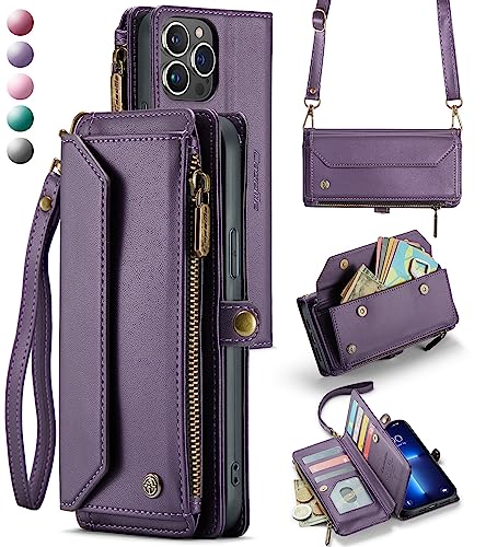 CaseMe Crossbody iPhone 13 Pro Max Phone Case Wallet RFID Protection with 10-Card Holder Zipper Bills Slot, Soft PU Leather Magnetic Flip Shoulder Strap iPhone 13 Pro Max Wallet Case for Women, Purple