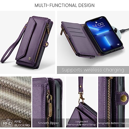 CaseMe Crossbody iPhone 13 Pro Max Phone Case Wallet RFID Protection with 10-Card Holder Zipper Bills Slot, Soft PU Leather Magnetic Flip Shoulder Strap iPhone 13 Pro Max Wallet Case for Women, Purple