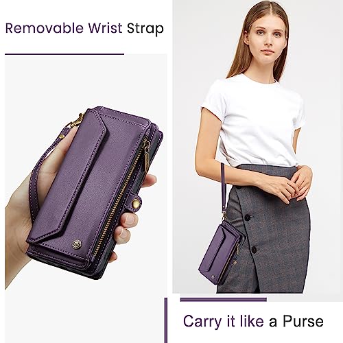 CaseMe Crossbody iPhone 13 Pro Max Phone Case Wallet RFID Protection with 10-Card Holder Zipper Bills Slot, Soft PU Leather Magnetic Flip Shoulder Strap iPhone 13 Pro Max Wallet Case for Women, Purple