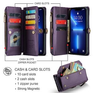 CaseMe Crossbody iPhone 13 Pro Max Phone Case Wallet RFID Protection with 10-Card Holder Zipper Bills Slot, Soft PU Leather Magnetic Flip Shoulder Strap iPhone 13 Pro Max Wallet Case for Women, Purple