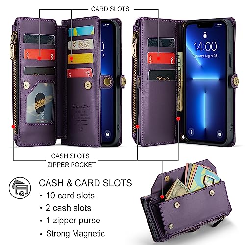 CaseMe Crossbody iPhone 13 Pro Max Phone Case Wallet RFID Protection with 10-Card Holder Zipper Bills Slot, Soft PU Leather Magnetic Flip Shoulder Strap iPhone 13 Pro Max Wallet Case for Women, Purple