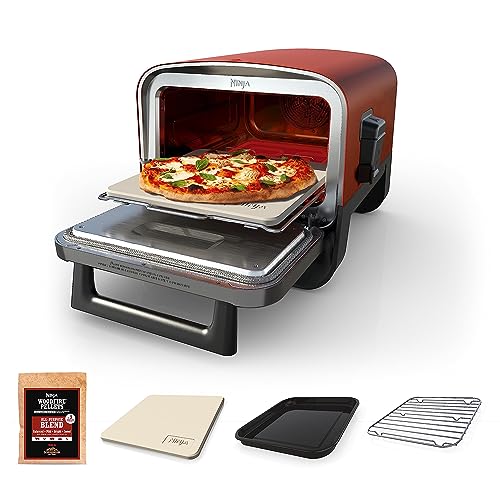 Ninja OO101 Woodfire 8-in-1 Outdoor Oven, Pizza Oven, 700°F High Heat Roaster, BBQ Smoker, Woodfire Technology, Pellets for Woodfire Flavor, Weather Resistant, Portable, Electric, Terracotta Red