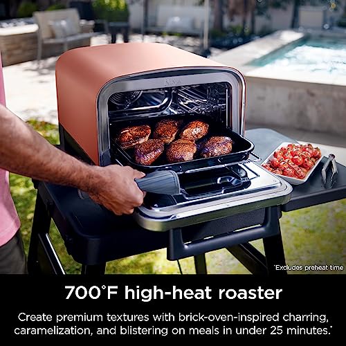 Ninja OO101 Woodfire 8-in-1 Outdoor Oven, Pizza Oven, 700°F High Heat Roaster, BBQ Smoker, Woodfire Technology, Pellets for Woodfire Flavor, Weather Resistant, Portable, Electric, Terracotta Red