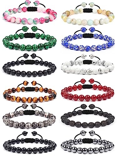 BOMAIL 12Pcs Natural Semi-Precious Gemstones Bracelets - Adjustable Round Beaded Bracelets Reiki Healing Crystals Beads Bracelet for Women Men