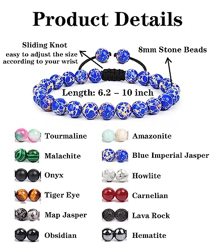 BOMAIL 12Pcs Natural Semi-Precious Gemstones Bracelets - Adjustable Round Beaded Bracelets Reiki Healing Crystals Beads Bracelet for Women Men