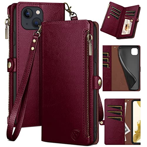 XcaseBar for iPhone 13 6.1" Wallet case with Zipper Credit Card Holder【RFID Blocking】, Flip Folio Book PU Leather Phone case Shockproof Cover Women Men for Apple 13 case Wine Red