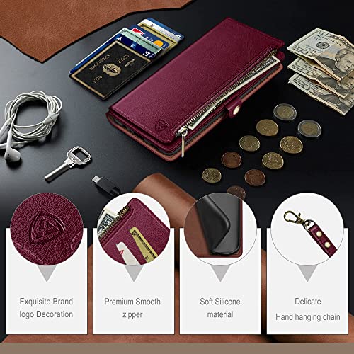 XcaseBar for iPhone 13 6.1" Wallet case with Zipper Credit Card Holder【RFID Blocking】, Flip Folio Book PU Leather Phone case Shockproof Cover Women Men for Apple 13 case Wine Red