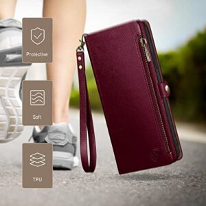 XcaseBar for iPhone 13 6.1" Wallet case with Zipper Credit Card Holder【RFID Blocking】, Flip Folio Book PU Leather Phone case Shockproof Cover Women Men for Apple 13 case Wine Red