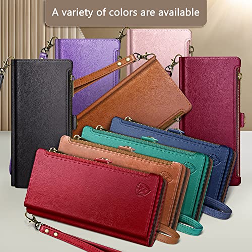 XcaseBar for iPhone 13 6.1" Wallet case with Zipper Credit Card Holder【RFID Blocking】, Flip Folio Book PU Leather Phone case Shockproof Cover Women Men for Apple 13 case Wine Red