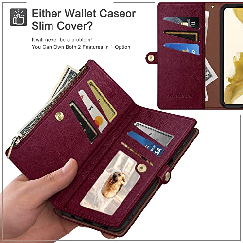 XcaseBar for iPhone 13 6.1" Wallet case with Zipper Credit Card Holder【RFID Blocking】, Flip Folio Book PU Leather Phone case Shockproof Cover Women Men for Apple 13 case Wine Red