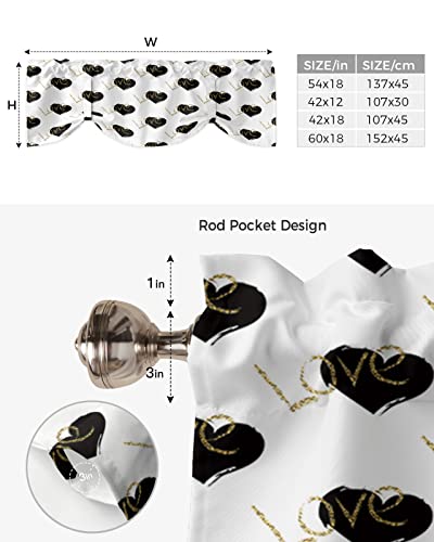 Tie-Up Valance Curtains for Window - Happy Valentine's Day Gold Love Black and White Heart Kitchen Valance - Light Filtering Valance Curtains Short Curtains with Adjustable Tie 42"x12"