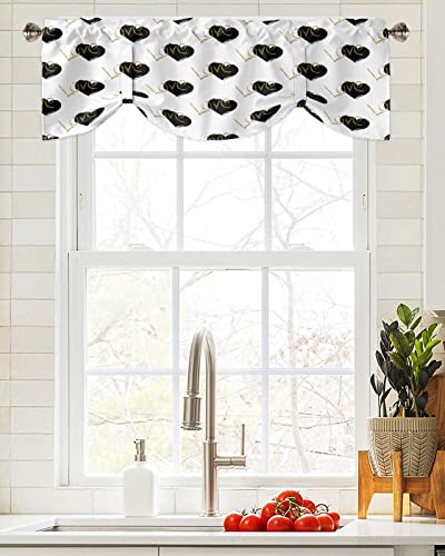 Tie-Up Valance Curtains for Window - Happy Valentine's Day Gold Love Black and White Heart Kitchen Valance - Light Filtering Valance Curtains Short Curtains with Adjustable Tie 42"x12"