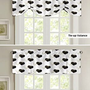 Tie-Up Valance Curtains for Window - Happy Valentine's Day Gold Love Black and White Heart Kitchen Valance - Light Filtering Valance Curtains Short Curtains with Adjustable Tie 42"x12"