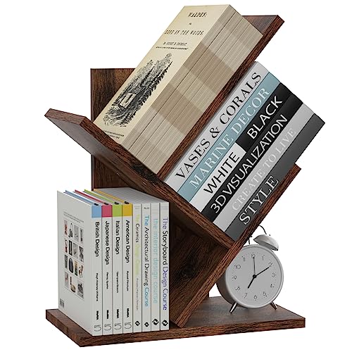 THASOK 𝟮𝟬𝟮𝟯 𝐔𝐩𝐠𝐫𝐚𝐝𝐞𝐝 Tree Bookshelf, 3 Tier Wood Shelf Bookcase, Retro Floor Standing Small Bookshelf, Book Storage Rack for CDs/Movies for Home Office, Bedroom, Living Room, Rustic Brown