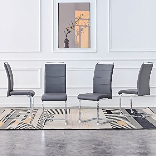 FATFISH Modern Dining Chairs, PU Faux Leather High Back Upholstered Side Chair Transverse Stripe Backrest Design for Dining Room Kitchen Vanity Patio Club Guest Office Chair (Set of 4) (Gray+PU)