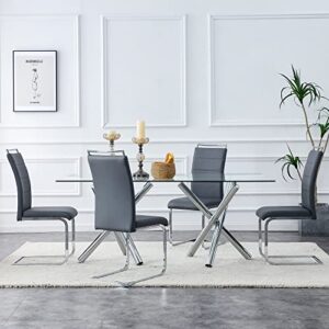 FATFISH Modern Dining Chairs, PU Faux Leather High Back Upholstered Side Chair Transverse Stripe Backrest Design for Dining Room Kitchen Vanity Patio Club Guest Office Chair (Set of 4) (Gray+PU)