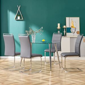 FATFISH Modern Dining Chairs, PU Faux Leather High Back Upholstered Side Chair Transverse Stripe Backrest Design for Dining Room Kitchen Vanity Patio Club Guest Office Chair (Set of 4) (Gray+PU)