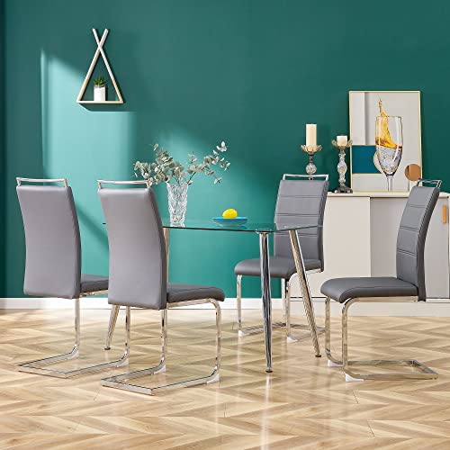 FATFISH Modern Dining Chairs, PU Faux Leather High Back Upholstered Side Chair Transverse Stripe Backrest Design for Dining Room Kitchen Vanity Patio Club Guest Office Chair (Set of 4) (Gray+PU)