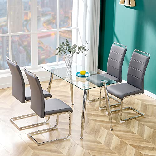 FATFISH Modern Dining Chairs, PU Faux Leather High Back Upholstered Side Chair Transverse Stripe Backrest Design for Dining Room Kitchen Vanity Patio Club Guest Office Chair (Set of 4) (Gray+PU)