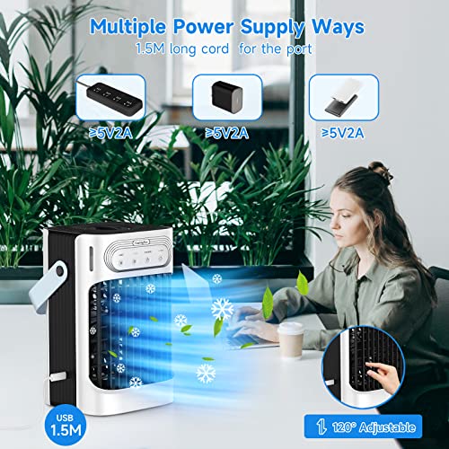 Portable Air Conditioners, TIOKVIOP Evaporative Air Cooler [Upgraded 10W & 3 Cool Mist] 3 in 1, 3 Wind Speed & 7 LED Light, 3 Cool Mist & 2-8H Timer Cold AC, Personal Mini Air Cooling Fan for Room