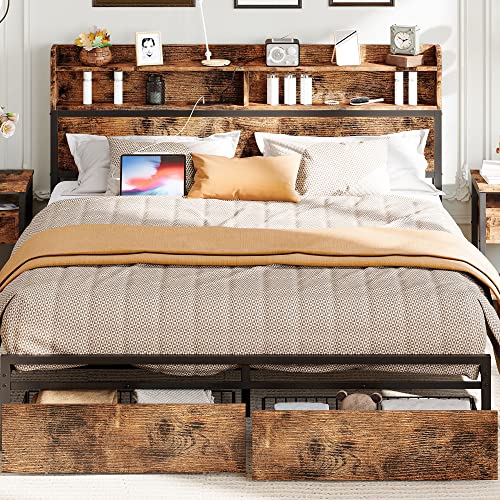 IRONCK King Size Bed Frame with Bookcase Headboard & Drawer & Charging Station,Sturdy Metal Platform Bed, No Noise, No Box Spring Needed, Vintage Brown