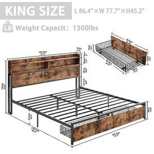 IRONCK King Size Bed Frame with Bookcase Headboard & Drawer & Charging Station,Sturdy Metal Platform Bed, No Noise, No Box Spring Needed, Vintage Brown