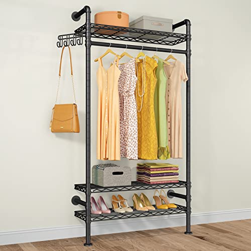 Timate F1 Pipe Clothes Rack Wall Mount Heavy Duty Closet Organizer System Hanging Closet Rack for Clothes, Closet Kit Walk in Closet Systems, Adjustable Storage Closet Shelves Wardrobe Closet, Black