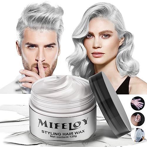 Silver White Temporary Hair Color Wax with Cape Ear Cover Gloves, Instant Natural Hairstyle Cream, Styling Pomades for Girl Women, Disposable Coloring Mud for Party Cosplay DIY Halloween,4.23oz