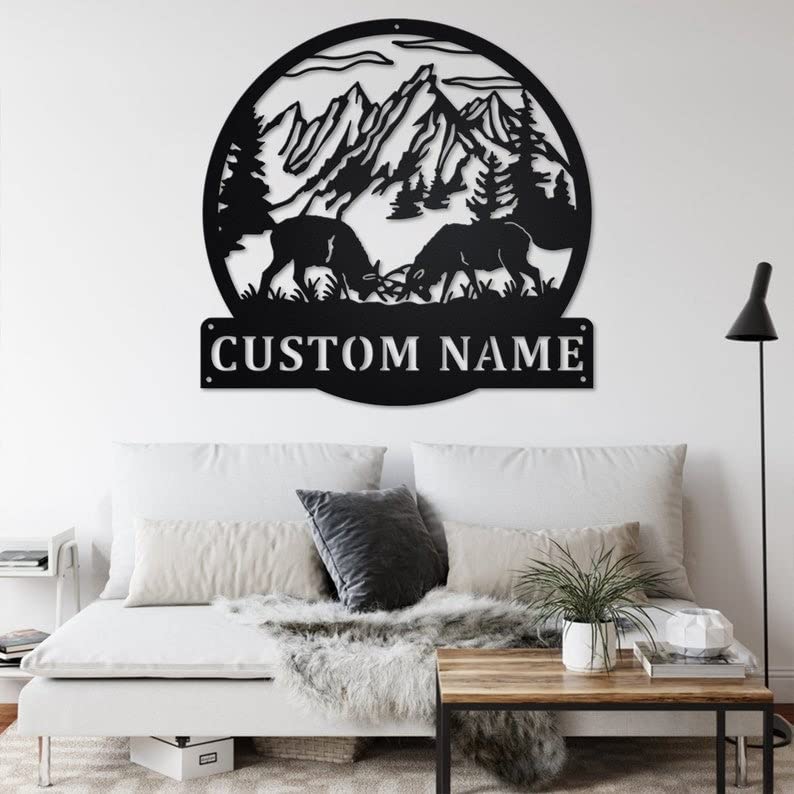 INDOCHI Custom Dueling Caribou Elk Deer Metal Wall Art, Personalized Elk Deer Name Sign Decoration For Room, Elk Deer Hunting Home Decor, Elk Deer