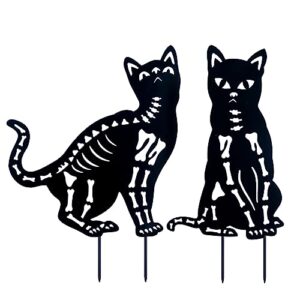 yeahome halloween decorations outdoor, 2 pack skeleton black cat garden stakes for halloween decor, scary metal cat silhouette yard signs for outside garden lawn patio party decorations