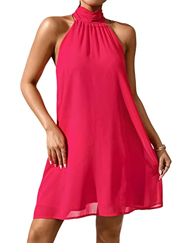 Floerns Women's Summer Floral Print Sleeveless Halter Neck Beach Party Dress Watermelon Pink Solid XS