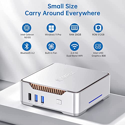 KAMRUI Mini PC,16GB RAM 512GB SSD Intel 11th Celeron N5105 (up to 2.9GHz) Mini Desktop Computer, 2.4G/5G WiFi, BT4.2, Small Computer Support 4K UHD VESA Gigabit Ethernet for Home/Business